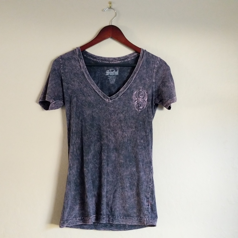 Sinful Purple V-Neck T Shirt Small Wings Sequences
